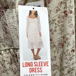 Celebrity Pink Cream Midi Dress with Pink Floral Print